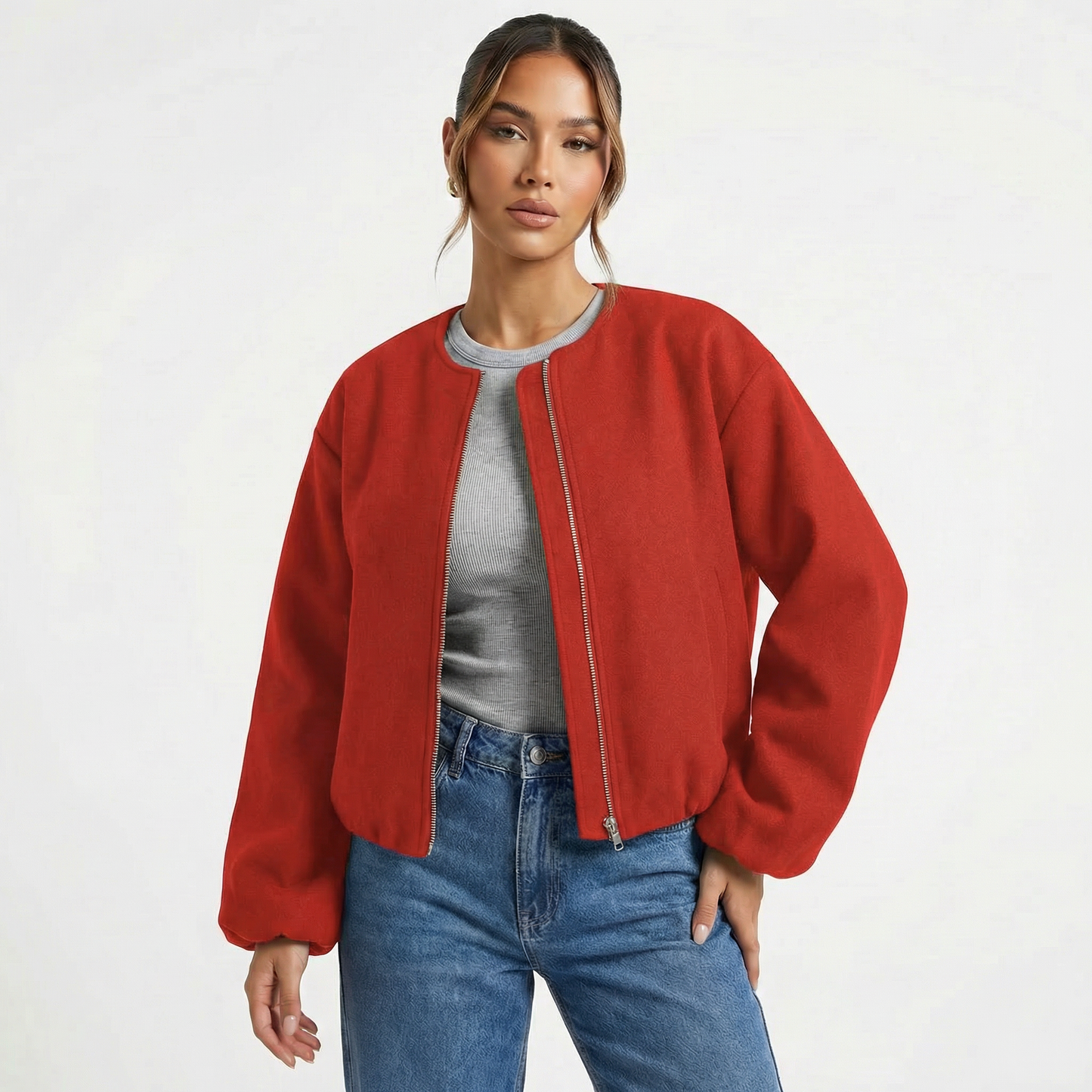 Women's Collarless Cropped Zip-Up Casual Bomber Jacket
