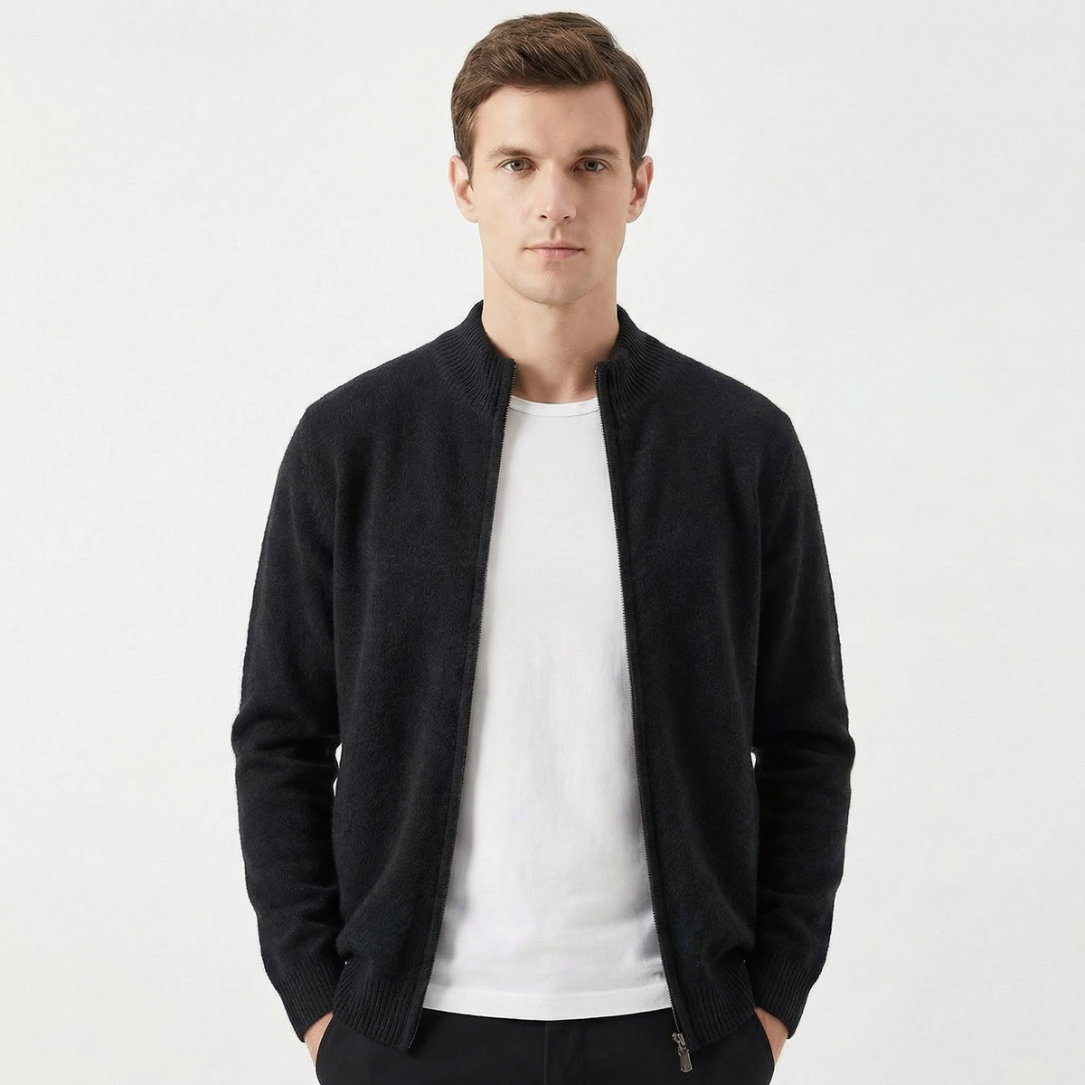 Men's Wool-Blend Slim-Fit Full-Zip Mock-Neck Winter Cardigan