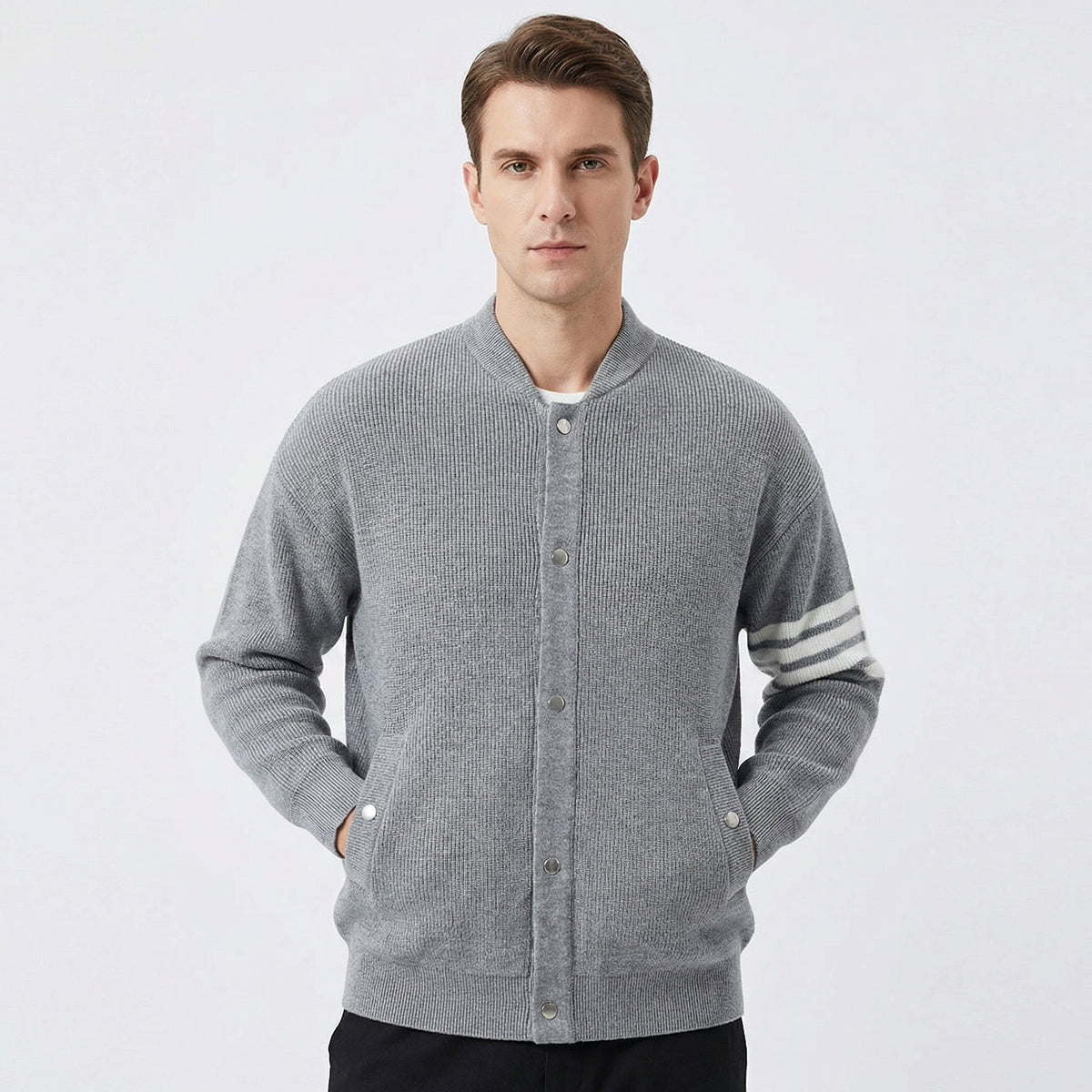 Men's Varsity Stripe Snap-Button Knit Bomber Cardigan