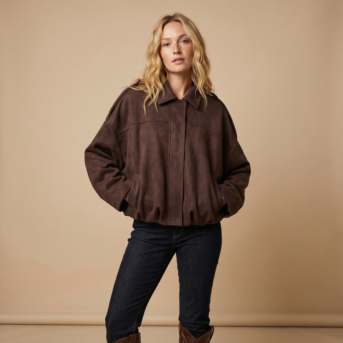 Women's Oversized Faux Suede Zip-Up Moto Bomber Jacket