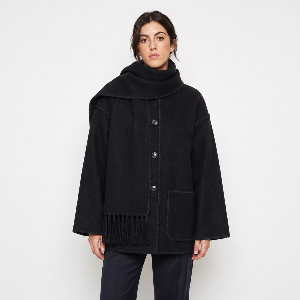 Women's Blanket Coat Wool-Look Contrast Stitch Attached Winter Scarf Tassel