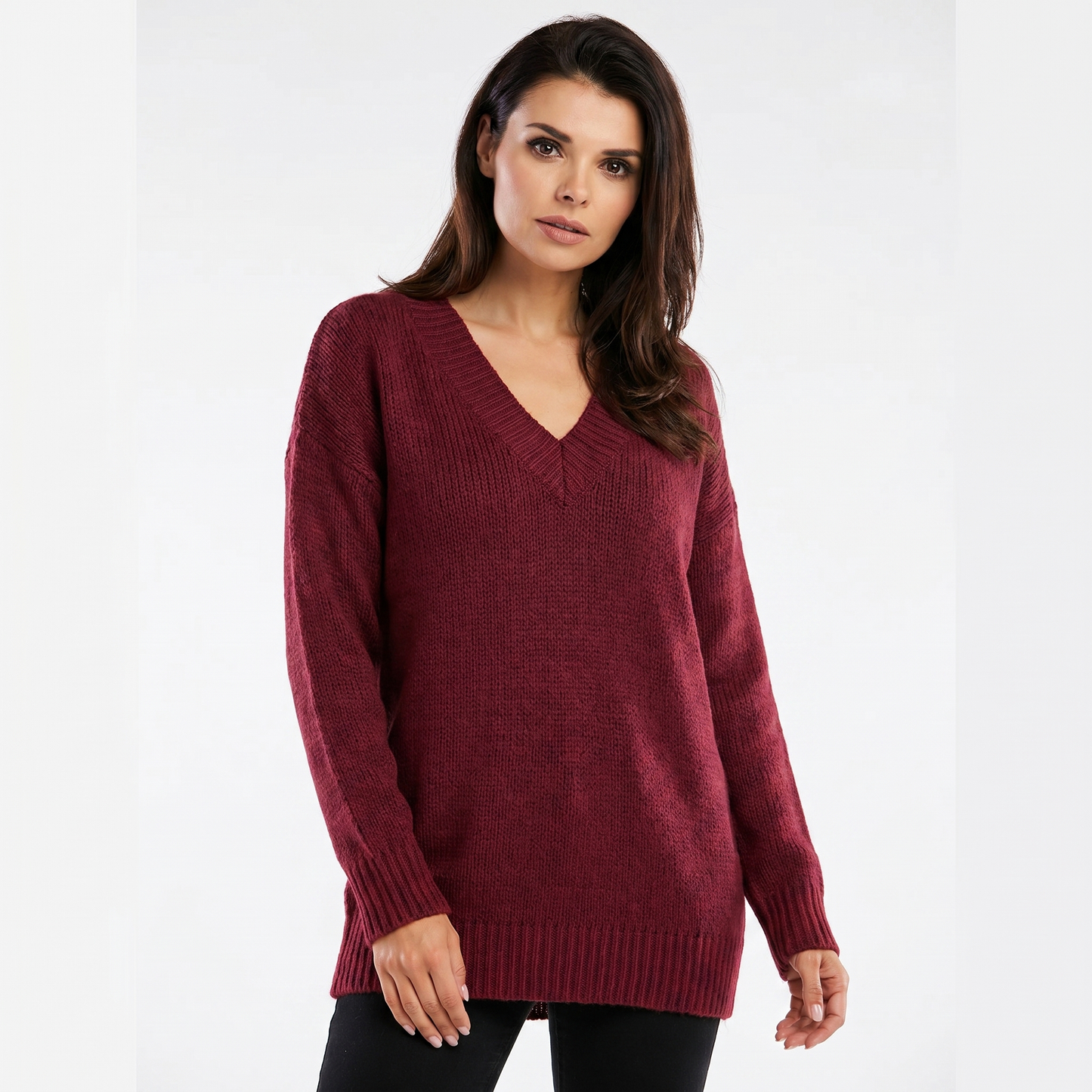Women's V Neck Oversized Knit Sweater Longline Relaxed Fit Soft Wool Blend Pullover