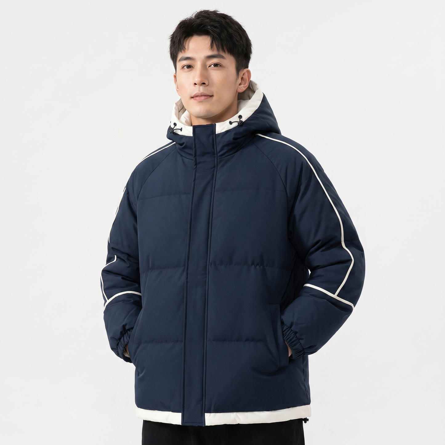 Men's Hooded Puffer Jacket Contrast Trim Quilted Winter Coat Oversized Fit