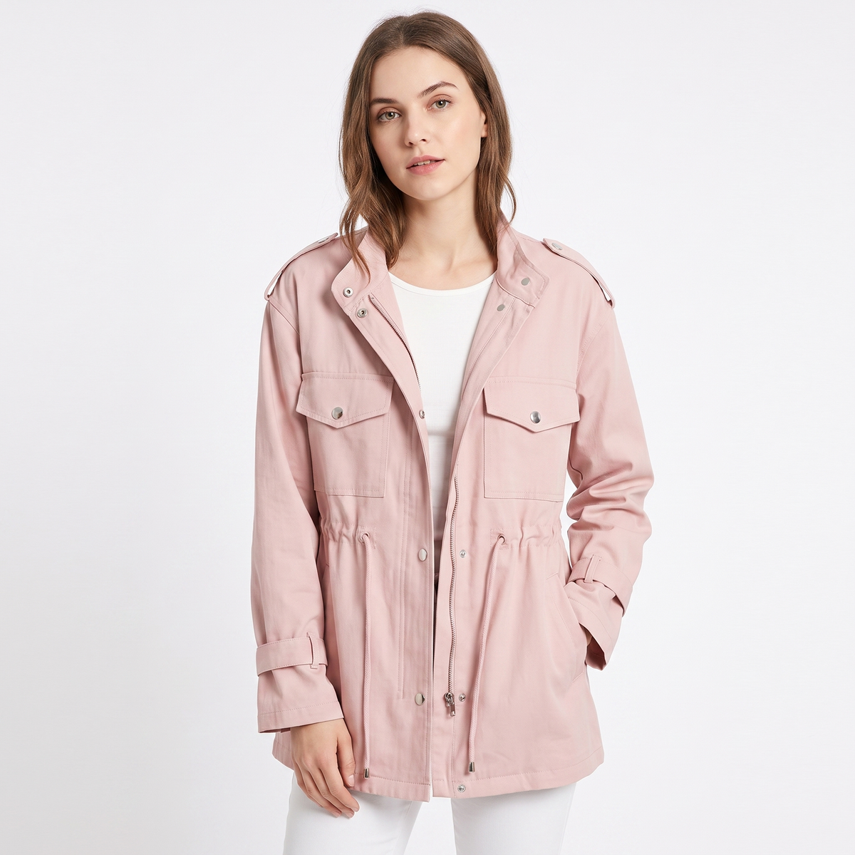 Women's Drawstring Waist Utility Jacket Zip-Up Chest Pockets Field Coat