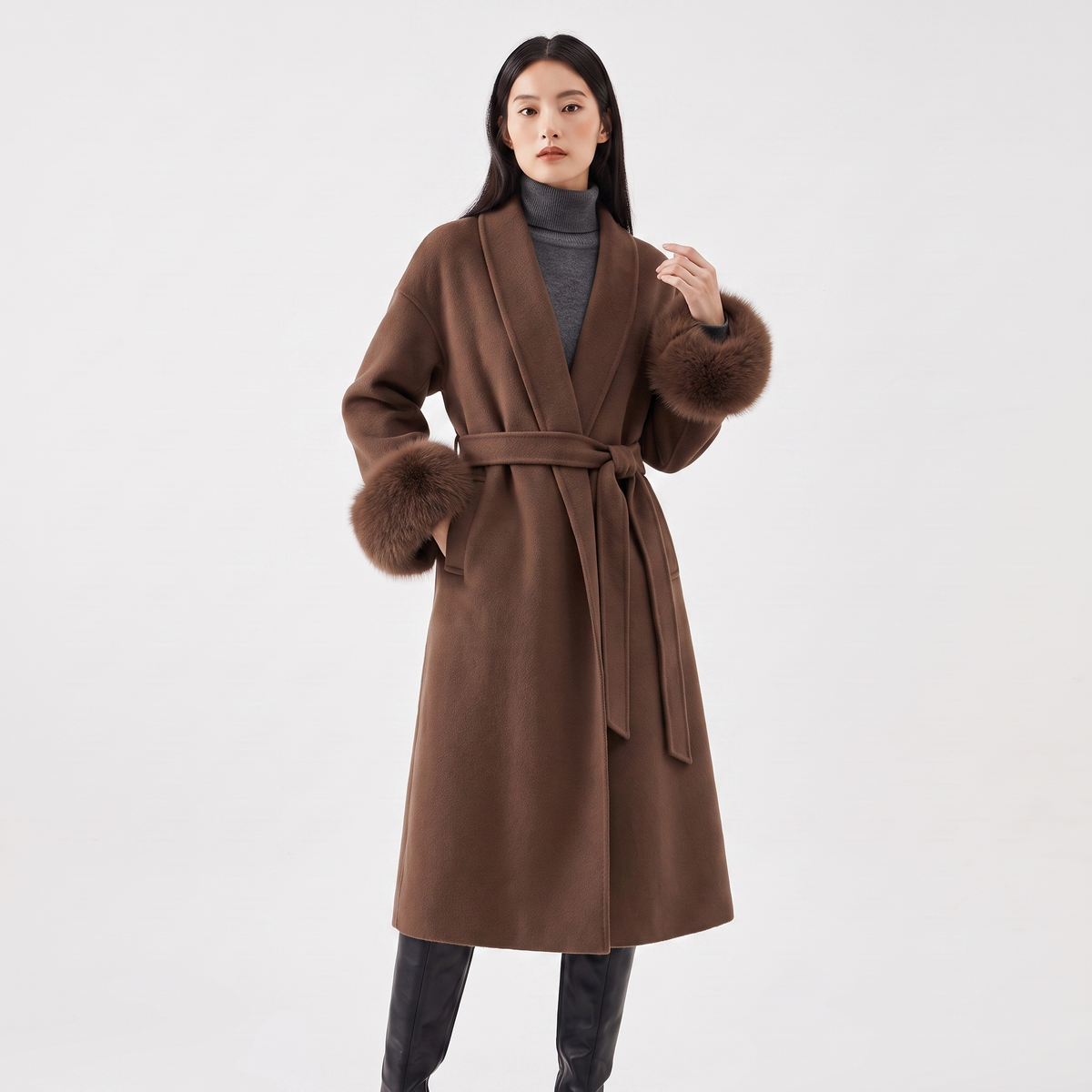 Women's Wool Blend Wrap Faux-Fur Cuffs Belted Shawl Collar Winter Coat