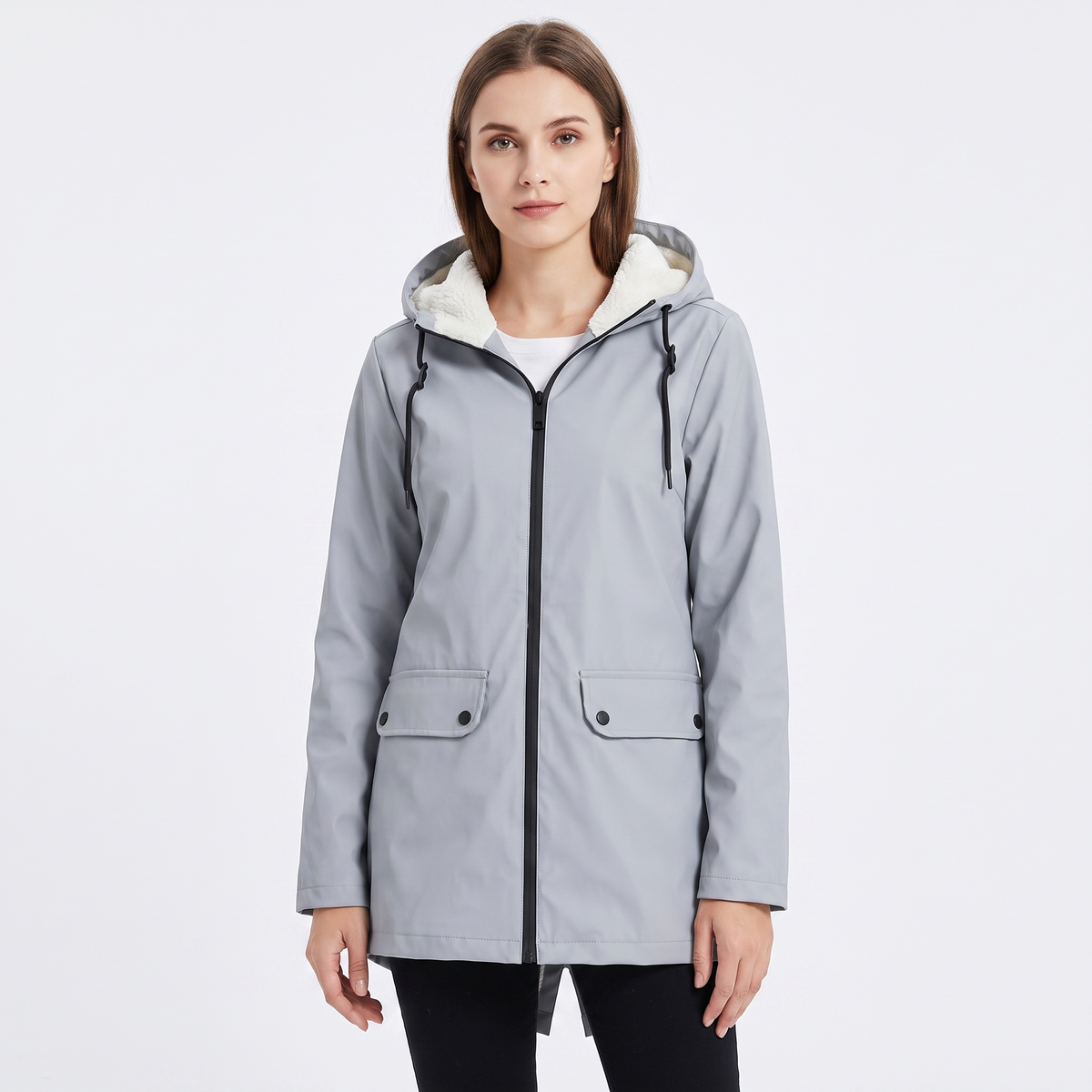 Women's Sherpa Lined Waterproof Rain Jacket Hooded Fleece Zip-Up Coat