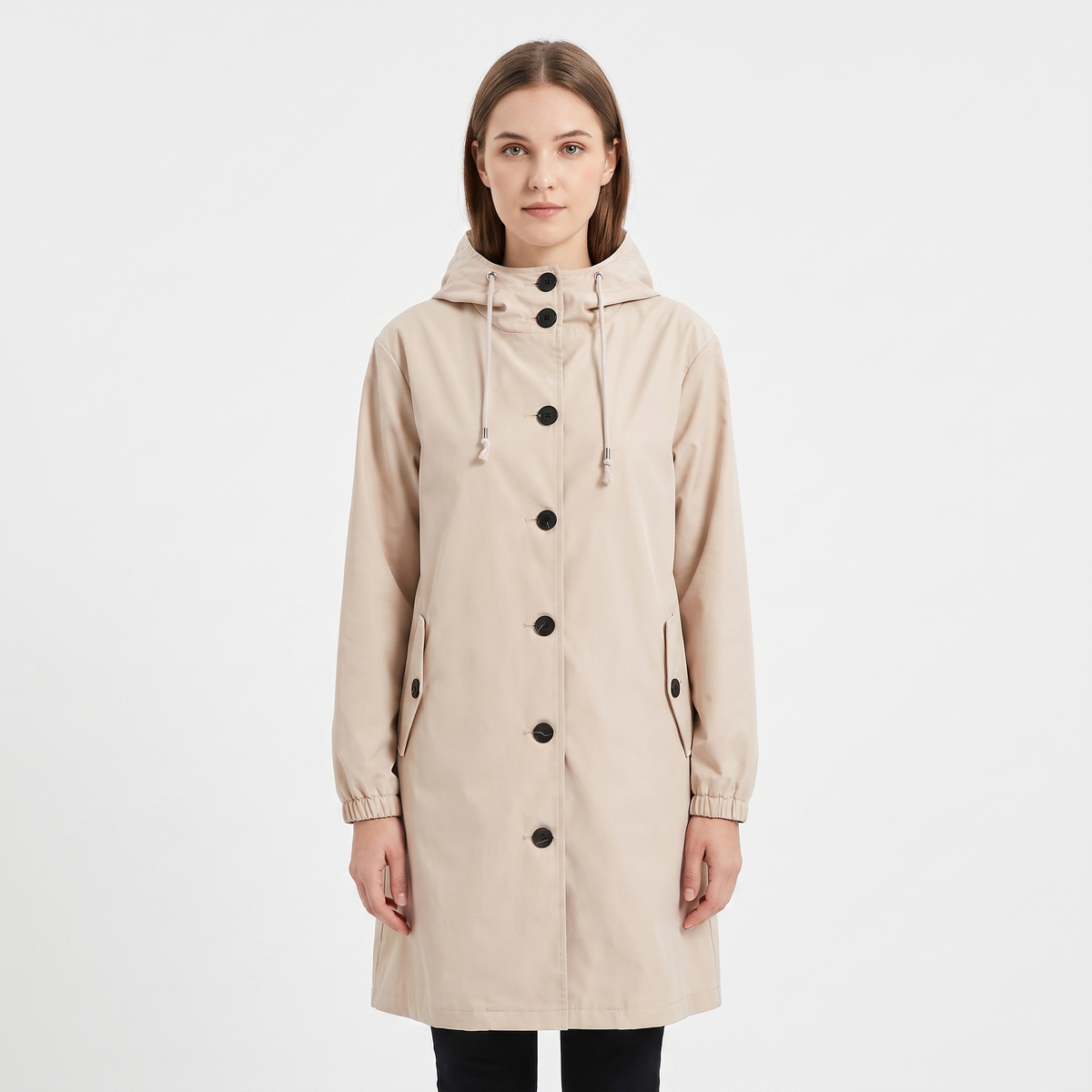 Women's Waterproof Hooded Rain Coat Button Front Longline Windproof Jacket