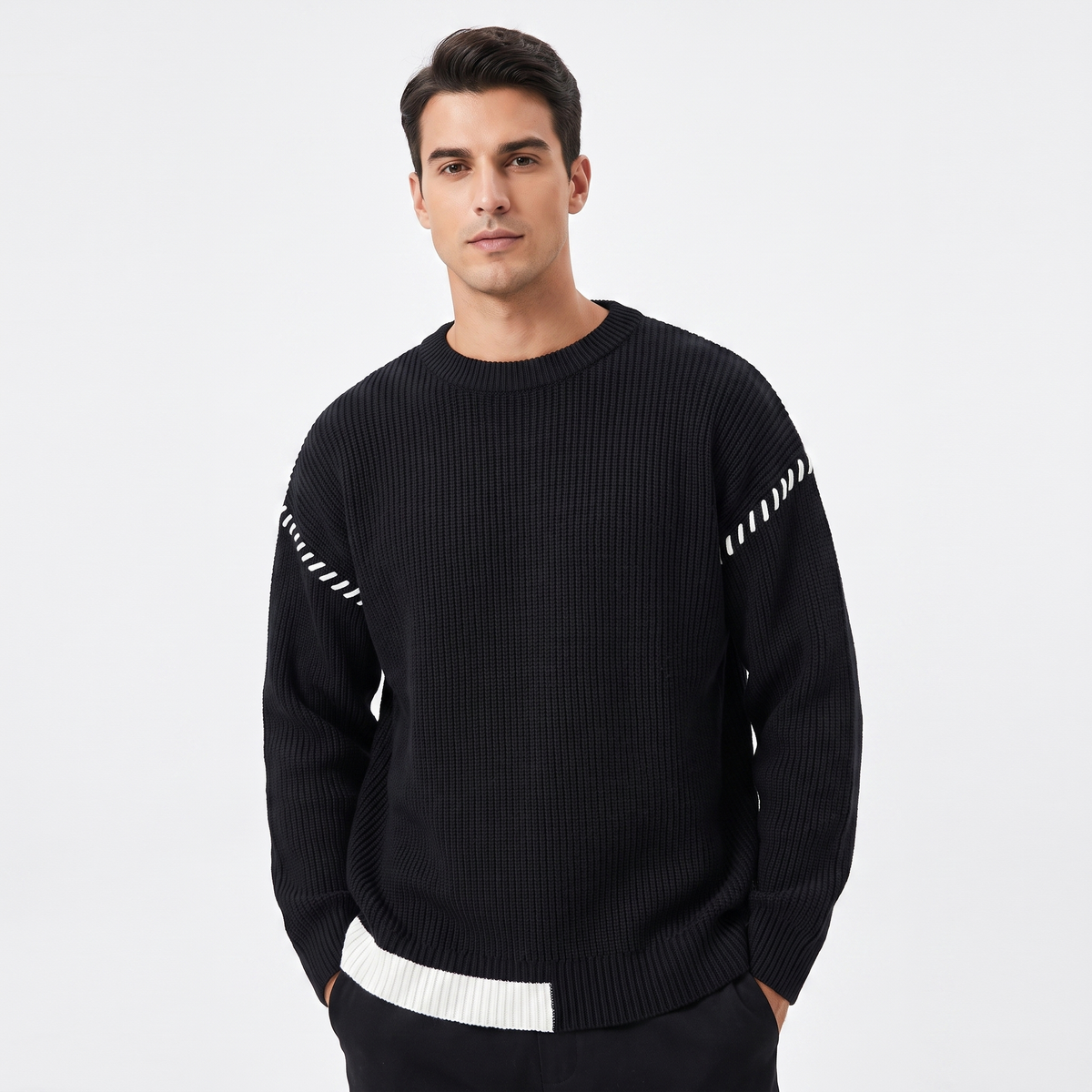 Men's Oversized Chunky Knit Sweater Crew-Neck Contrast Stripe Detail