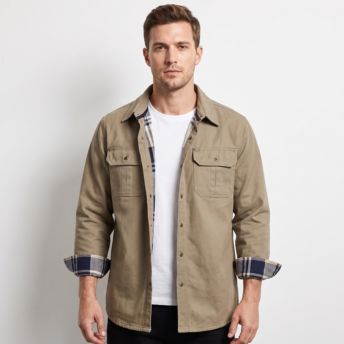 Men's Flannel-Lined Shirt Jacket Snap Button Cotton Workwear Overshirt