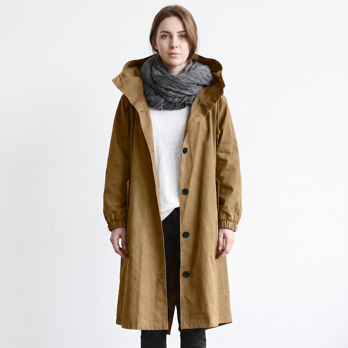 Women's Long Hooded Trench Coat Oversized Button-Front Casual Jacket