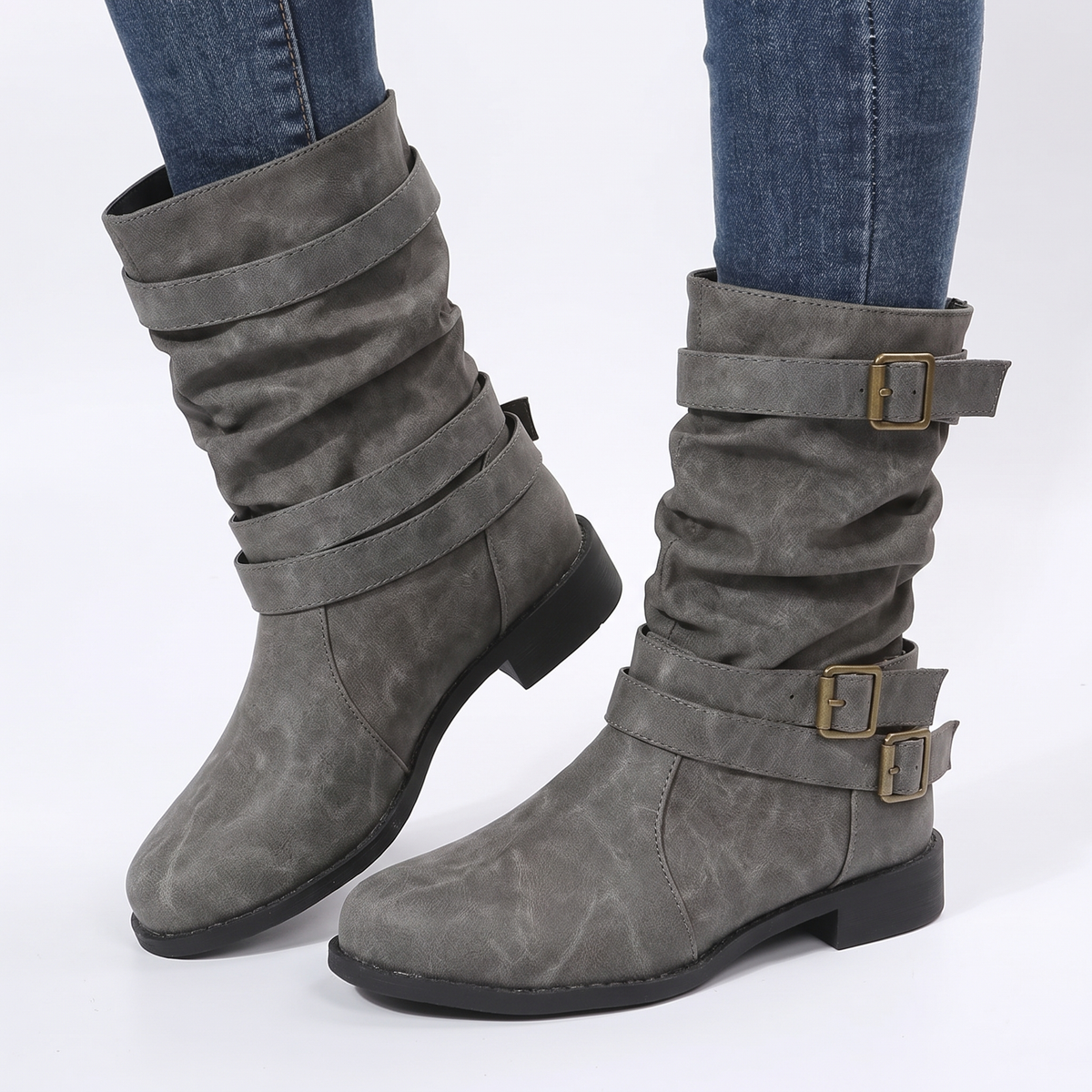 Women's Slouchy Buckle Winter Boots Mid Calf Faux Leather Block Heel