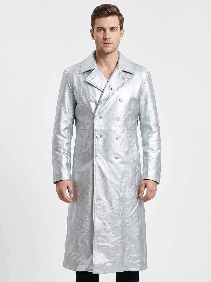 Men's Faux Leather Trench Winter Coat Double-Breasted Full-Length Overcoat