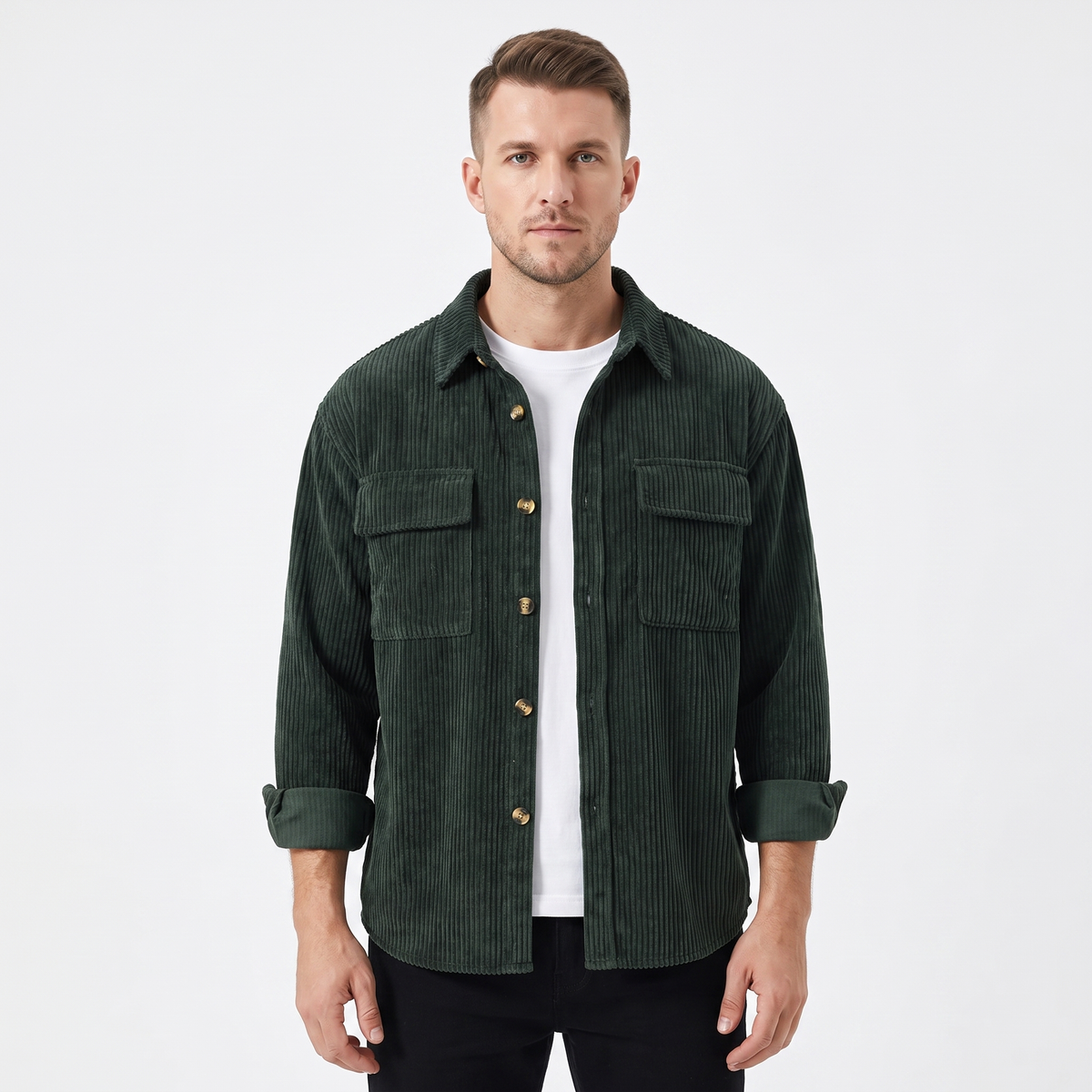 Men's Corduroy Overshirt Button Front Winter Jacket With Chest Pockets