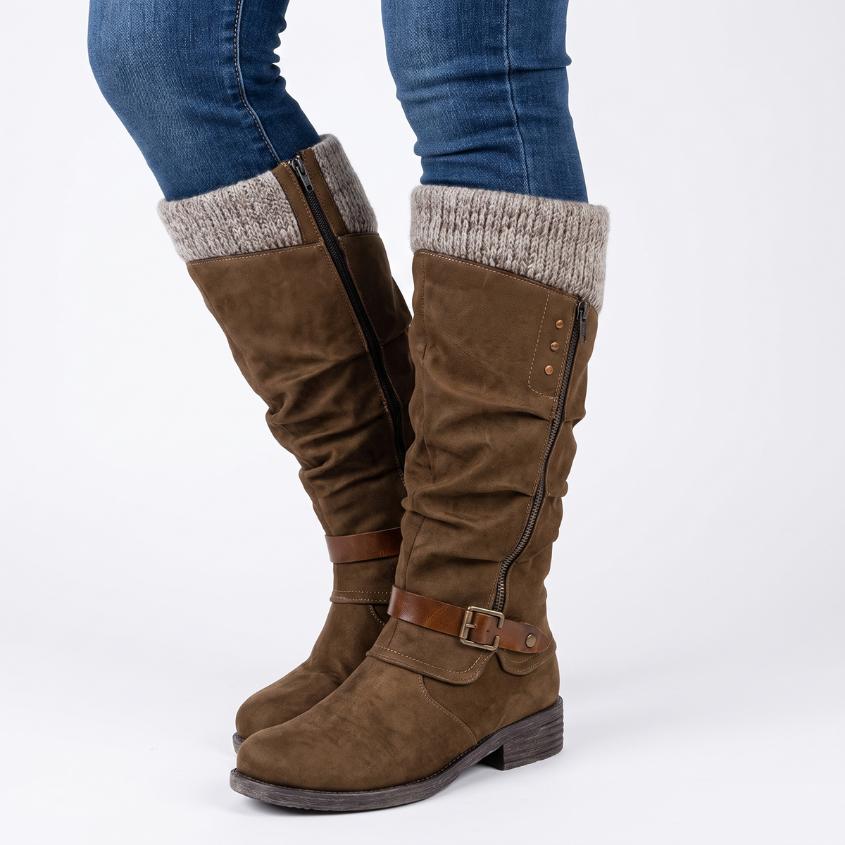 Women's Knee-High Knit Cuff Buckle Strap Zip Winter Boots
