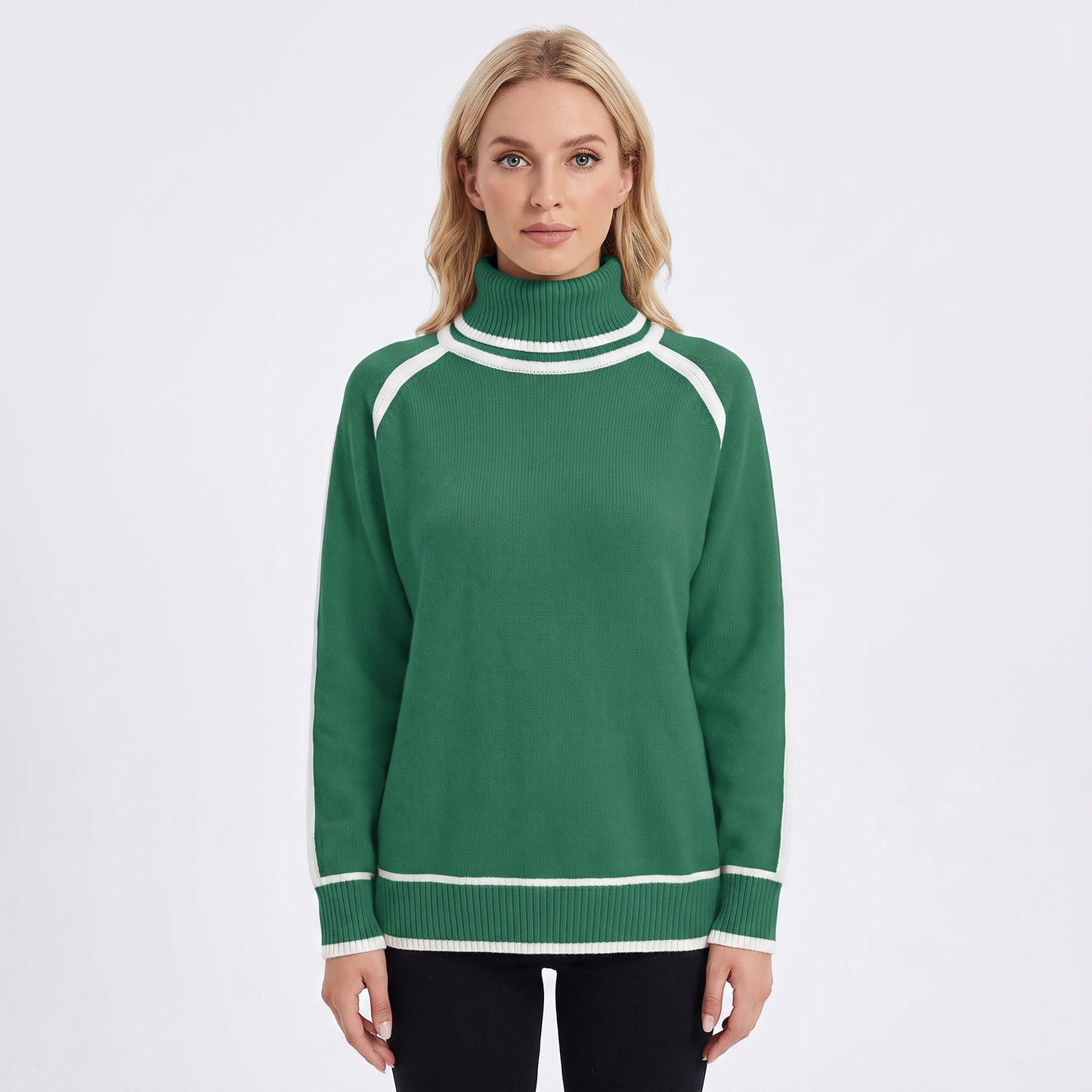 Women's Turtleneck Sweater Contrast Trim Raglan Sleeve Pullover