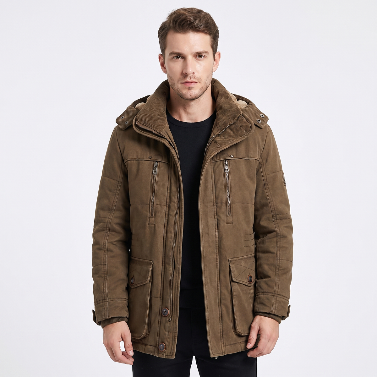 Men's Fleece Lined Parka Hooded Multi Pocket Winter Jacket