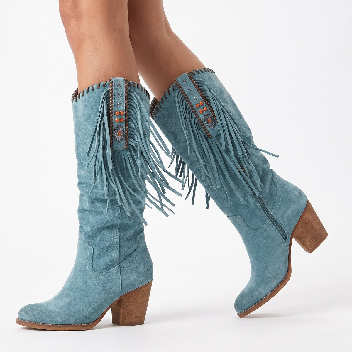 Women's Fringe Knee-High Winter Boots Chunky Block Heel Suede Western Style