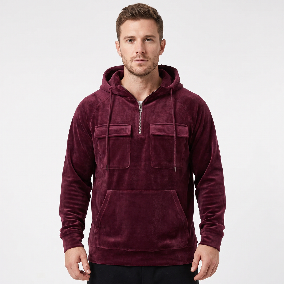 Men's Utility Winter Hoodie Quarter-Zip Fleece Pullover Cargo Pockets