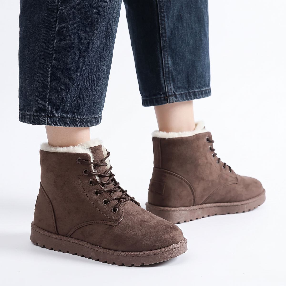 Women's Fur-Lined Snow Lace-Up Flat Winter Ankle Boots