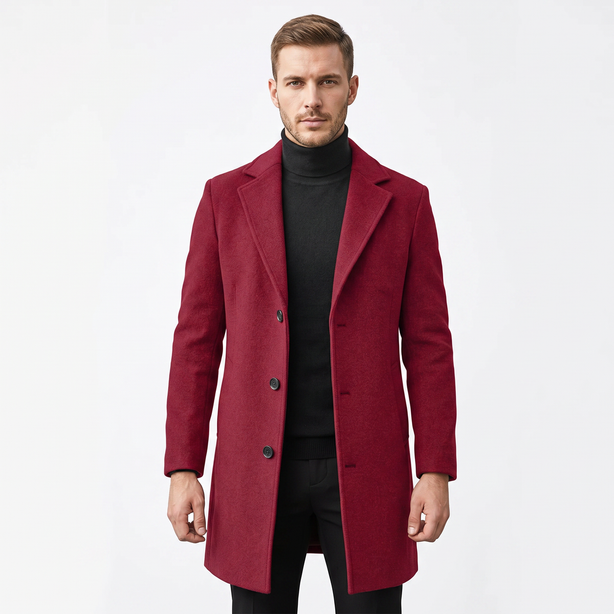 Men's Wool Blend Long Winter Coat Notched Lapel Single-Breasted Overcoat