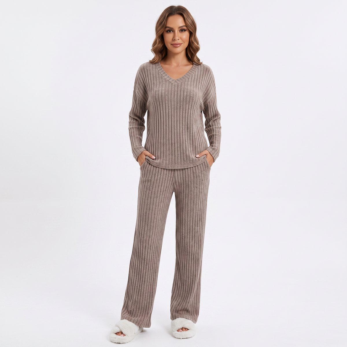 Women's Ribbed Knit Loungewear Set V-Neck Top and Winter Pants
