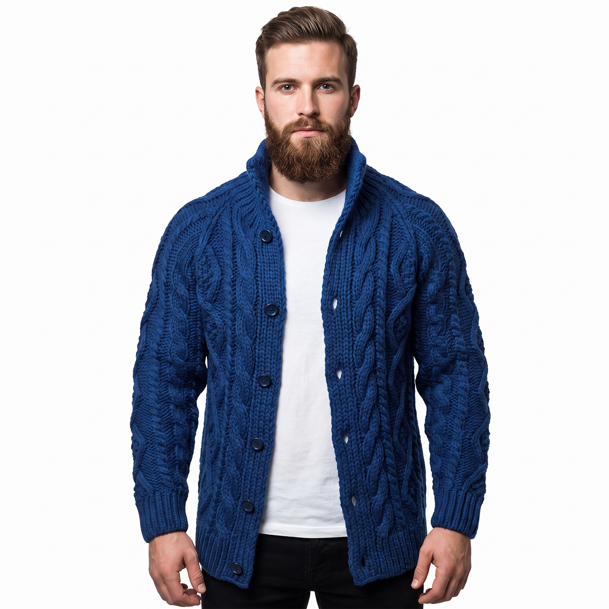 Men's Cable Knit Cardigan Chunky Shawl Collar Winter Sweater