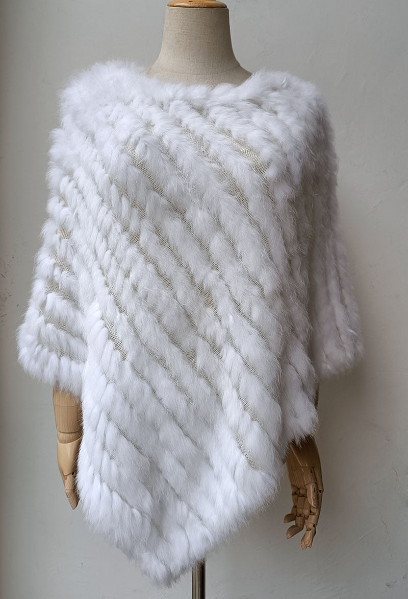 Women's Faux-Fur Knitted Poncho Cape Asymmetric Hem Fluffy Wrap Shawl
