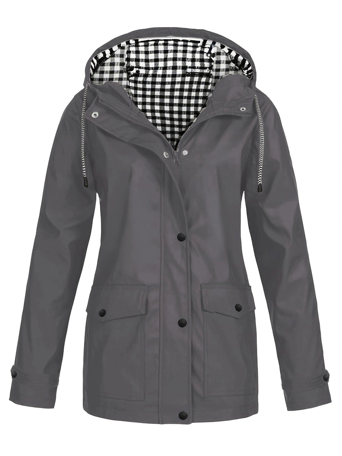 Women's Waterproof Hooded Rain Jacket Check Lined Snap Button Outdoor Coat