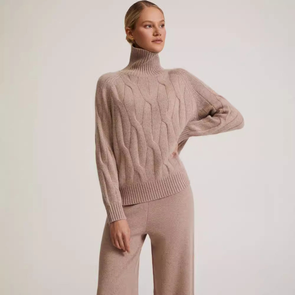 Women's Cable Knit Turtleneck Sweater and Wide-Leg Pants Winter Set