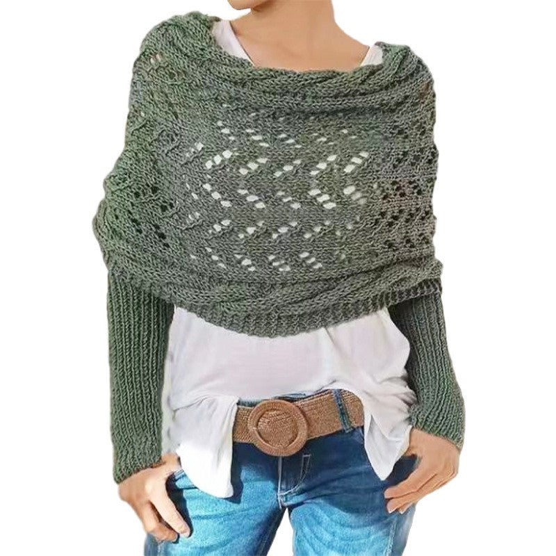 Women's Knit Shawl Open Lace Stitch Shoulder Wrap Ribbed Trim Winter