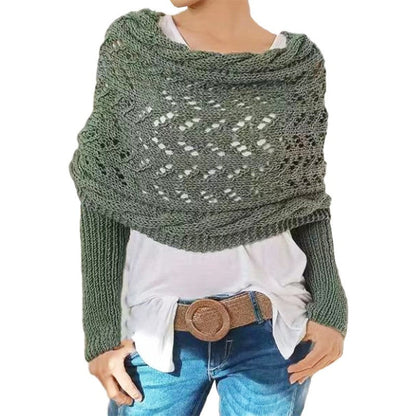Women's Knit Shawl Open Lace Stitch Shoulder Wrap Ribbed Trim Winter