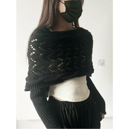 Women's Knit Shawl Open Lace Stitch Shoulder Wrap Ribbed Trim Winter