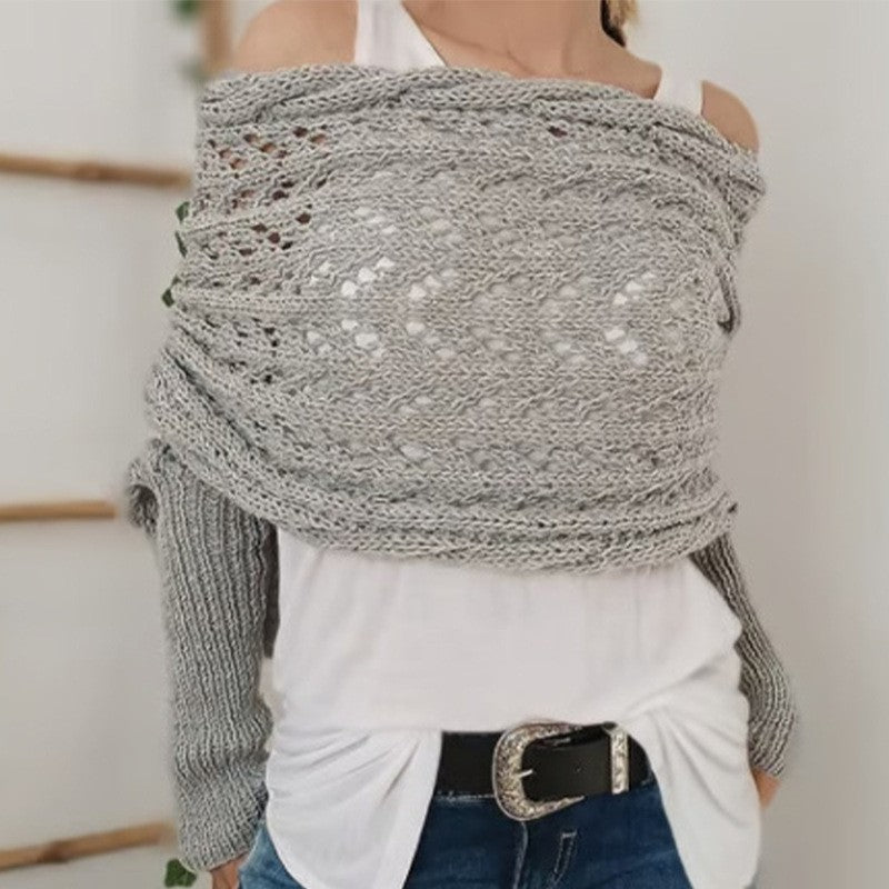 Women's Knit Shawl Open Lace Stitch Shoulder Wrap Ribbed Trim Winter