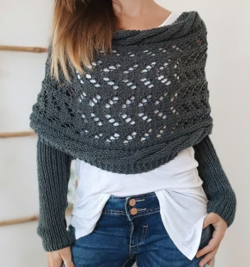 Women's Knit Shawl Open Lace Stitch Shoulder Wrap Ribbed Trim Winter