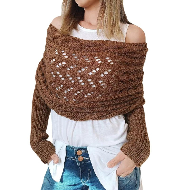 Women's Knit Shawl Open Lace Stitch Shoulder Wrap Ribbed Trim Winter