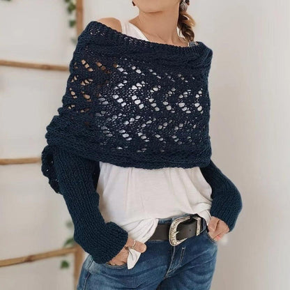 Women's Knit Shawl Open Lace Stitch Shoulder Wrap Ribbed Trim Winter