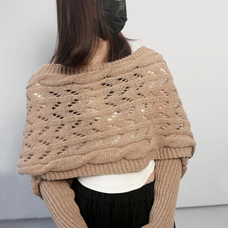 Women's Knit Shawl Open Lace Stitch Shoulder Wrap Ribbed Trim Winter
