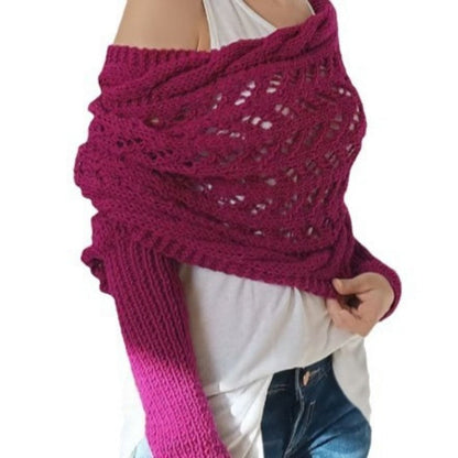 Women's Knit Shawl Open Lace Stitch Shoulder Wrap Ribbed Trim Winter