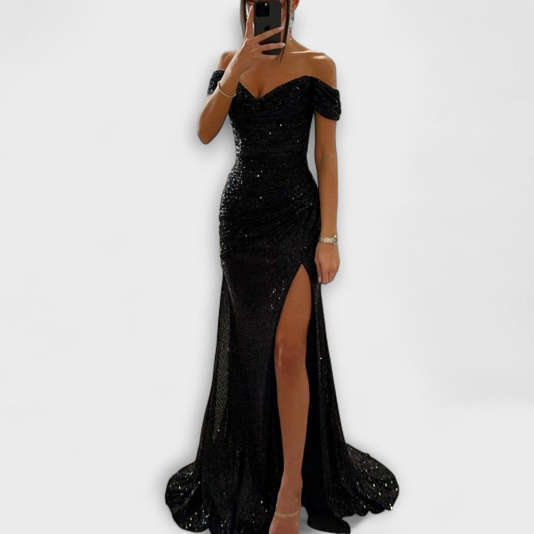 Airlia | Glitter Off-Shoulder Maxi Dress for Women Black