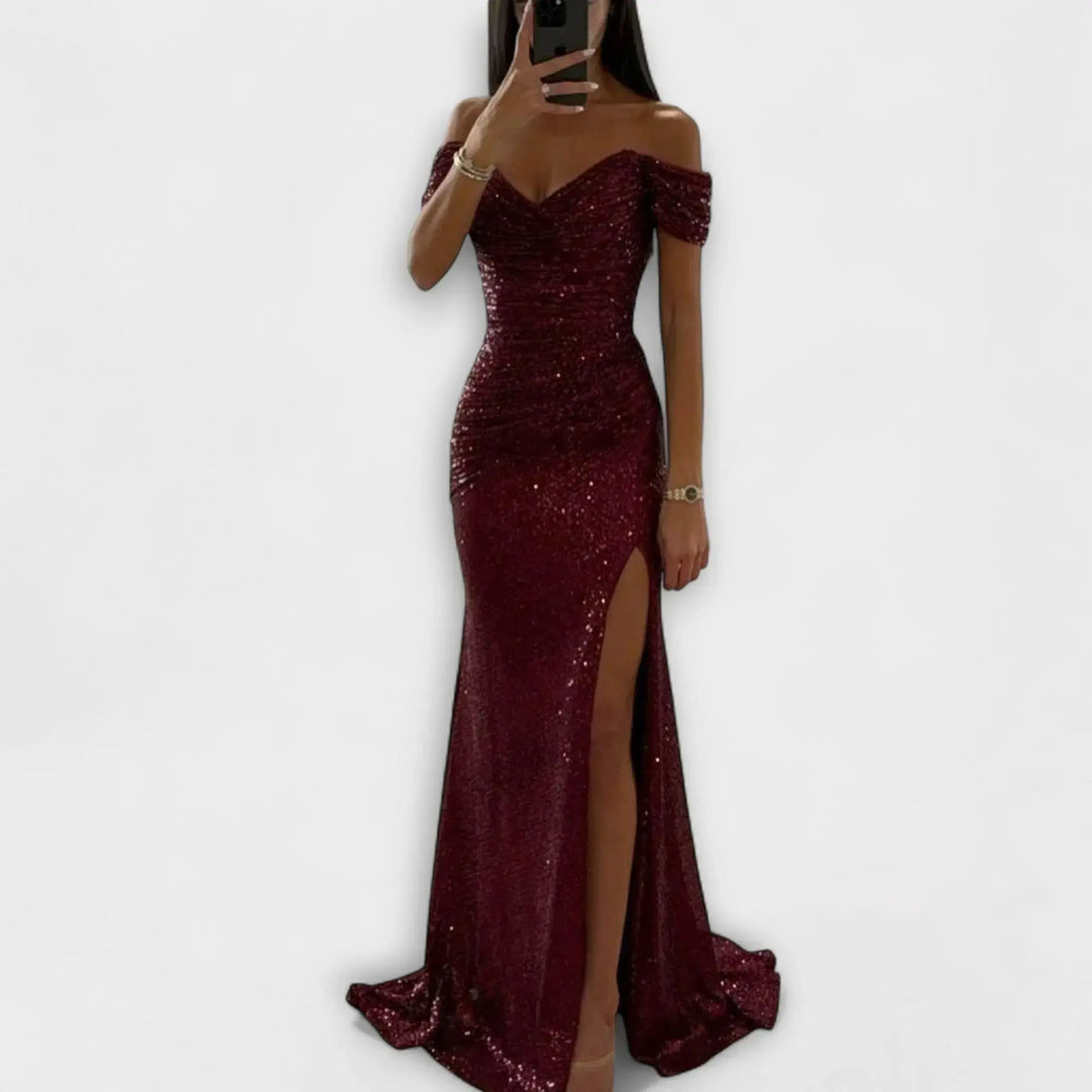 Airlia | Glitter Off-Shoulder Maxi Dress for Women Burgundy