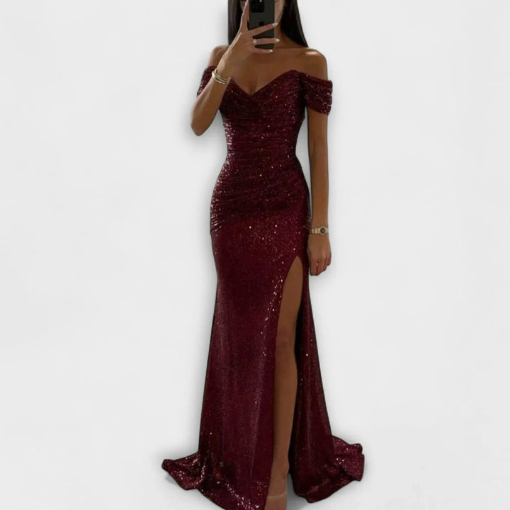 Airlia | Glitter Off-Shoulder Maxi Dress for Women Burgundy