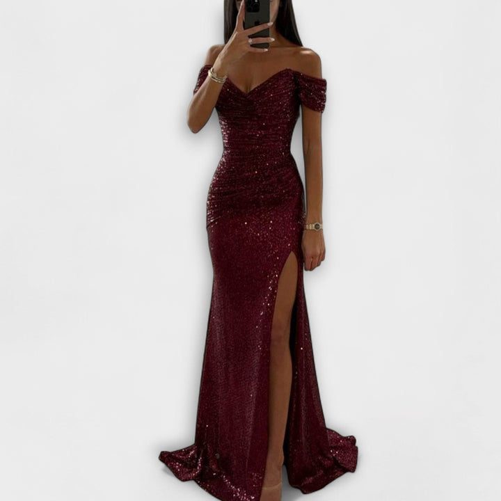 Airlia | Glitter Off-Shoulder Maxi Dress for Women Burgundy
