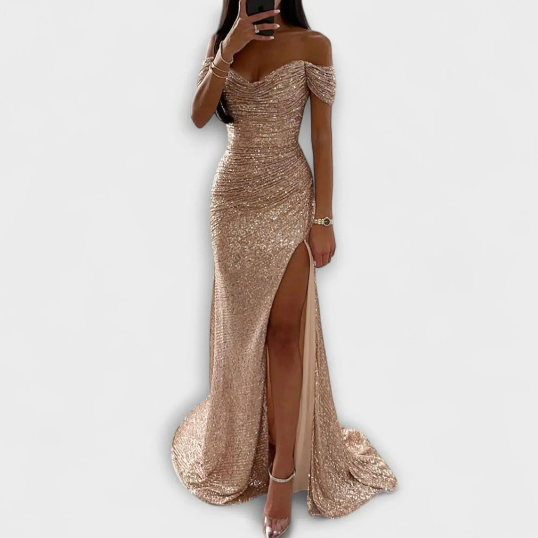 Airlia | Glitter Off-Shoulder Maxi Dress for Women Champagne