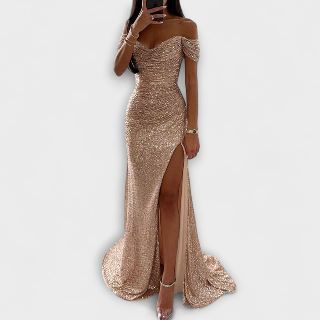Airlia | Glitter Off-Shoulder Maxi Dress for Women Champagne