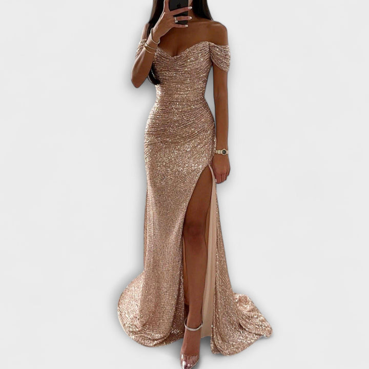 Airlia | Glitter Off-Shoulder Maxi Dress for Women Champagne