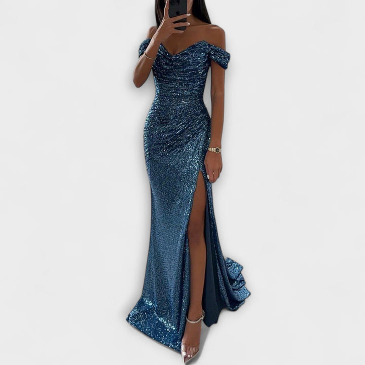 Airlia | Glitter Off-Shoulder Maxi Dress for Women Peacock Green