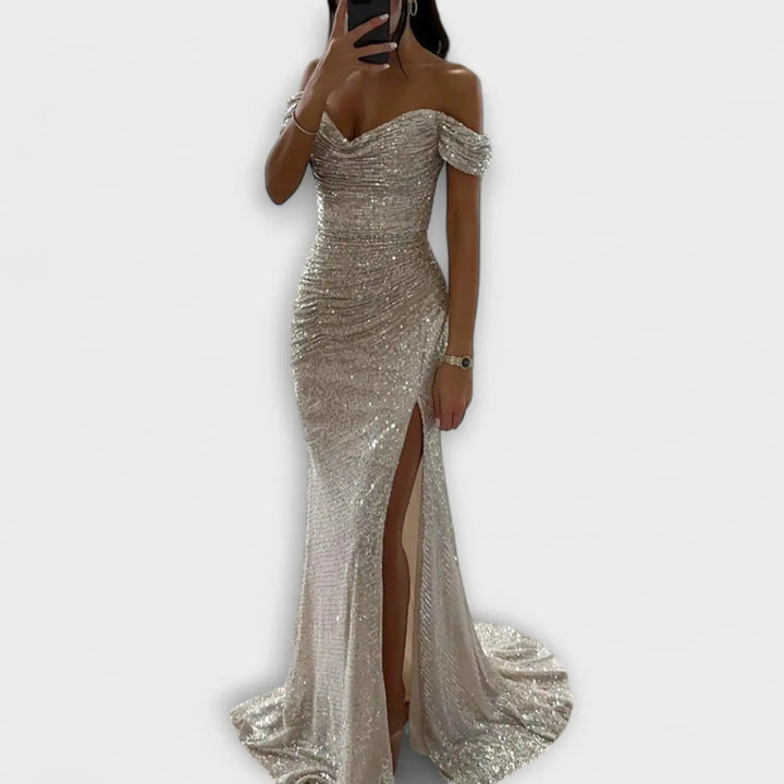 Airlia | Glitter Off-Shoulder Maxi Dress for Women Silver