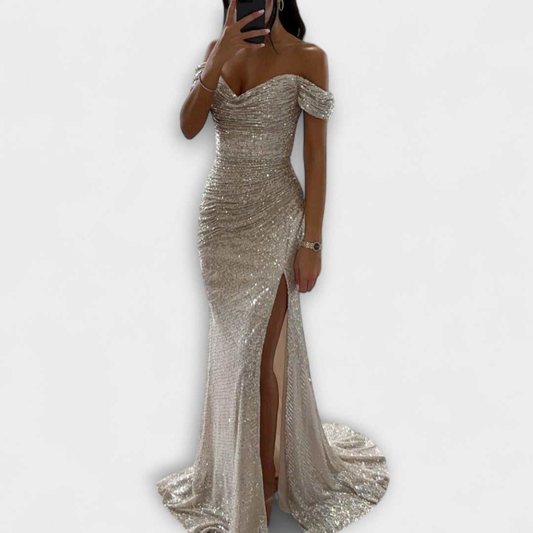 Airlia | Glitter Off-Shoulder Maxi Dress for Women Silver