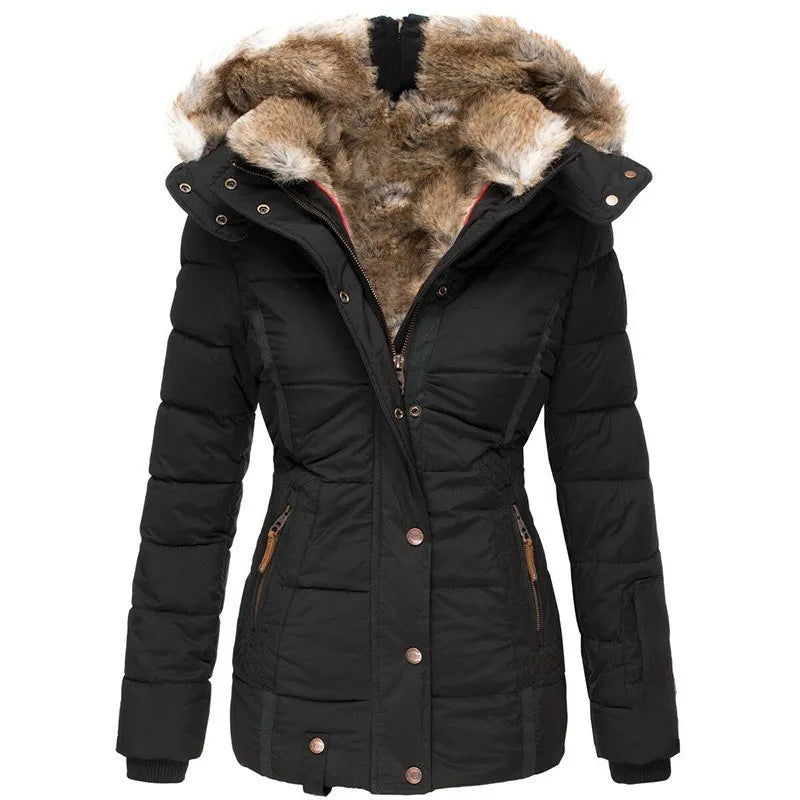 Women's Quilted Winter Coat with Hood in Black