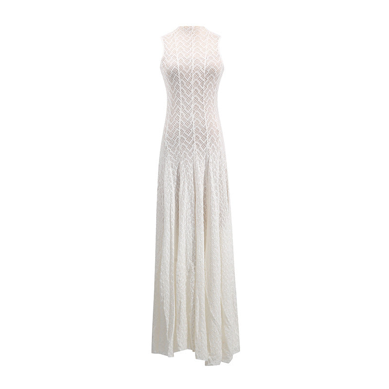 Women's Lace Dress Geometric Chevron Maxi A-Line Mock-Neck Sleeveless